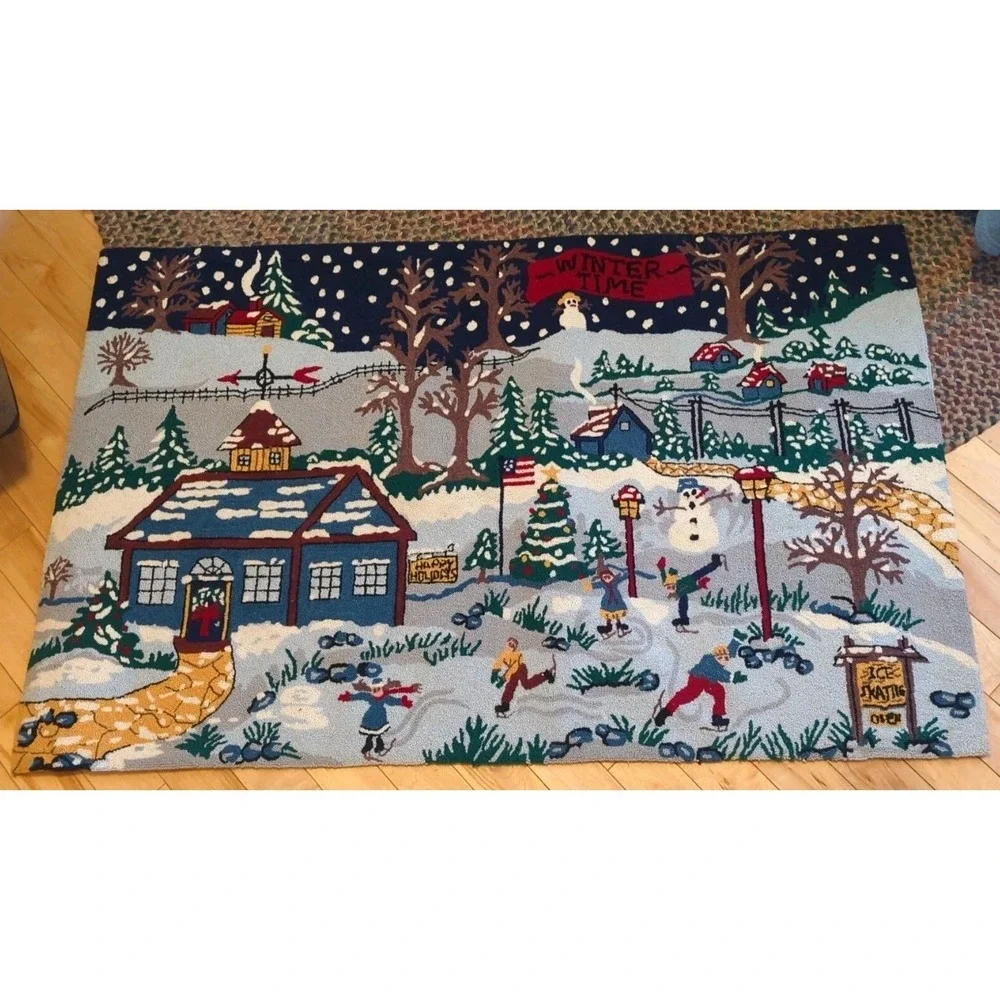 Vintage Micro Hook‎ Rug Wall Hanging Winter Scene Folk Christmas 3' x 5' Wool